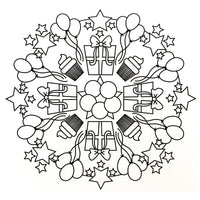 Mandala Malblock für Kinder, zweites Beispiel Motiv, mit Luftballons, Sternen, Geschenken und Cupcakes