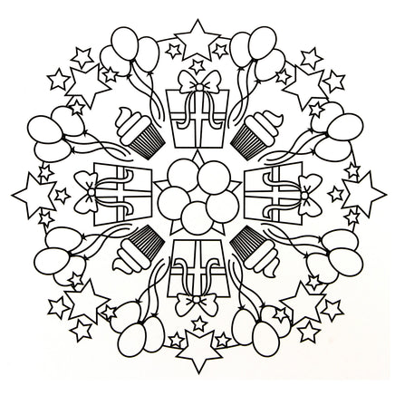 Mandala Malblock für Kinder, zweites Beispiel Motiv, mit Luftballons, Sternen, Geschenken und Cupcakes