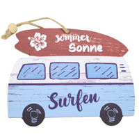 Maritimes Holzschild in Camper-Form mit Spruch: Sommer, Sonne, Surfen