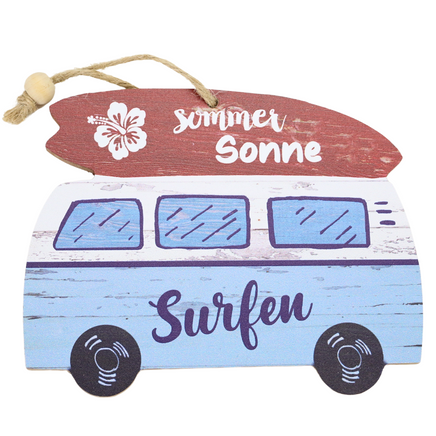 Maritimes Holzschild in Camper-Form mit Spruch: Sommer, Sonne, Surfen