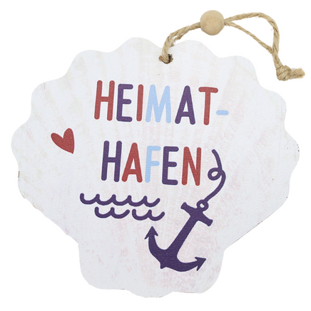 Maritimes Holzschild in Muschel-Form mit Spruch: Heimathafen