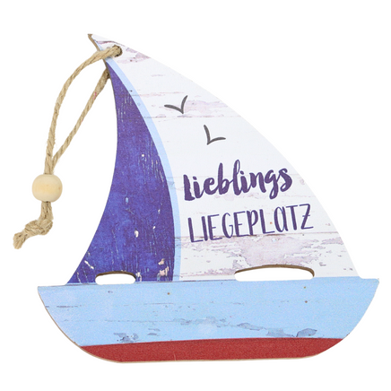 Maritimes Holzschild in Segelboot-Form mit Spruch: Lieblings-Liegeplatz