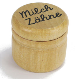 Milchzahndose aus Holz, natur hell, Schriftzug "Milchzähne" in schwarzer Schreibschrift auf Deckel