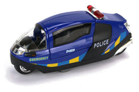 Modell Polizei Motorrad Science Fiction mit Licht & Sound 15cm, mit Schriftzug "POLICE" und "EMERGENCY" sowie gelb-blauen Streifen am unteren Rand, mit Flügeltür, Farbvariante: Blau