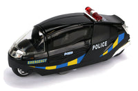 Modell Polizei Motorrad Science Fiction mit Licht & Sound 15cm, mit Schriftzug "POLICE" und "EMERGENCY" sowie gelb-blauen Streifen am unteren Rand, mit Flügeltür, Farbvariante: Schwarz