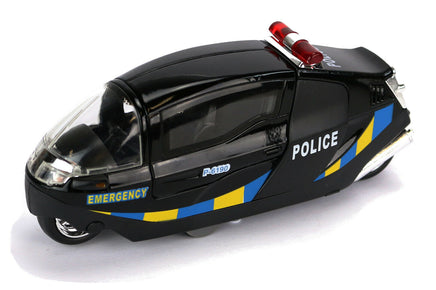 Modell Polizei Motorrad Science Fiction mit Licht & Sound 15cm, mit Schriftzug "POLICE" und "EMERGENCY" sowie gelb-blauen Streifen am unteren Rand, mit Flügeltür, Farbvariante: Schwarz