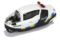 Modell Polizei Motorrad Science Fiction mit Licht & Sound 15cm, mit Schriftzug "POLICE" und "EMERGENCY" sowie gelb-blauen Streifen am unteren Rand, mit Flügeltür, Farbvariante: Weiß