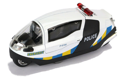 Modell Polizei Motorrad Science Fiction mit Licht & Sound 15cm, mit Schriftzug "POLICE" und "EMERGENCY" sowie gelb-blauen Streifen am unteren Rand, mit Flügeltür, Farbvariante: Weiß
