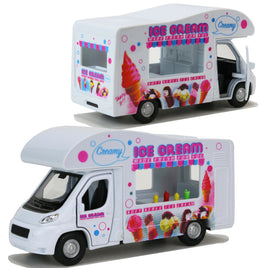 Modellauto Eiswagen 12cm, weiß mit pink-blauen Schriftzügen gestaltet "ICE CREAM" "MADE FRESH FOR YOU" "SOFT SERVE ICE CREAM", mit Eisbildern farbenfroh gestatet