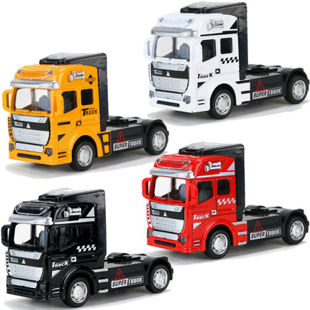 Modellauto "Super Truck" Sattelzugmaschine 12cm, mit Schriftzug "SUPER TRUCK" , silberne Felgen und Kühlergrill sowie Huphorn, Farbvarianten: Schwarz, Rot, Weiß, Gelb