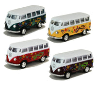 Modellauto VW T1 Bus "Flower Power" 7cm, mit weißen Dach, Seite farbenfroh gestaltet mit "Love & Peace" Schriftzug sowie Herz-,Blumen- und Peacesymbolen, Farbvarianten: Grün, Gelb, Rot, Braun