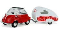 Modellauto BMW Isetta mit Wohnwagen, Isetta in weiß-rot, Wohnanhänger in weiß-rot mit Schriftzug "Enjoy Camping!"