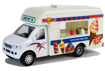 Modellauto Foodtruck Fast Food- oder Eiswagen 13cm, Variante: Eiswagen, mit Eisbildern auf der Seite sowie Schriftzug "SUPER CONE", an der Theke 3 verschiedene Softeis zur Auswahl