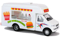 Modellauto Foodtruck Fast Food- oder Eiswagen 13cm, Variante: Fast Food, mit Pommes und Burger Bild auf der Seite sowie Schriftzug "HOT DOGS & BURGER"