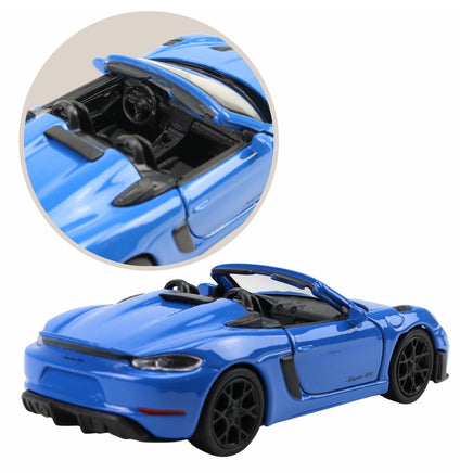 Modellauto Porsche Spyder 718 RS in blau mit Detailbild vom Innenraum
