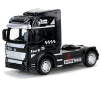 Modellauto "Super Truck" Sattelzugmaschine 12cm, mit Schriftzug "SUPER TRUCK" , silberne Felgen und Kühlergrill sowie Huphorn, Farbvariante: Schwarz