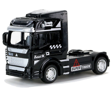 Modellauto "Super Truck" Sattelzugmaschine 12cm, mit Schriftzug "SUPER TRUCK" , silberne Felgen und Kühlergrill sowie Huphorn, Farbvariante: Schwarz