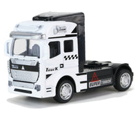 Modellauto "Super Truck" Sattelzugmaschine 12cm, mit Schriftzug "SUPER TRUCK" , silberne Felgen und Kühlergrill sowie Huphorn, Farbvariante: Weiß