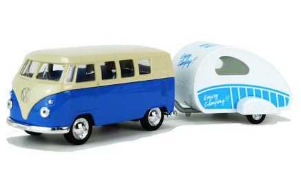Modellauto VW Classic Bus, Bulli T1 in creme-blau,weiß-blauer Wohnanhänger mit Schriftzug "Enjoy Camping!"