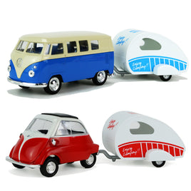 Modellauto VW Classic Bus / BMW Isetta mit Wohnwagen Anhänger