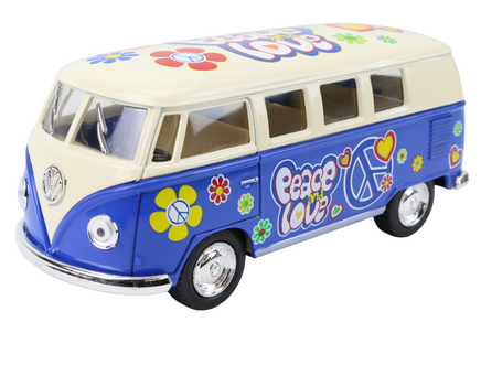 Modellauto VW T1 Bus "Flower Power" in blau mit weißem Dach und Graffiti