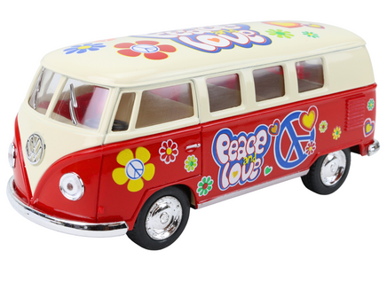 Modellauto VW T1 Bus "Flower Power" in rot mit weißem Dach und Graffiti