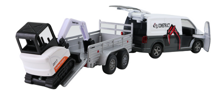  Modellauto VW T6 Transporter mit Anhänger mit Ladeboardwand und abnehmbarem Minibagger