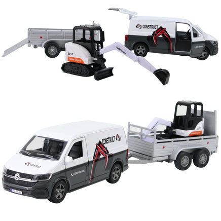 Modellauto VW T6 Transporter mit Anhänger und Minibagger