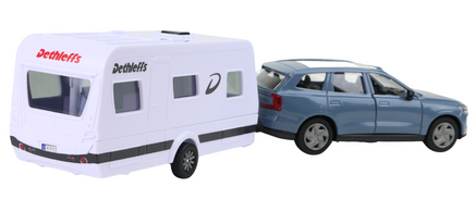 Modellauto Volvo EX90 mit Wohnwagen Anhänger Dethleffs- Ansicht von hinten