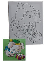 Motiv-Keilrahmen zum Ausmalen, Variante: Schwein, gekleidet mit Mütze und Schal mit Geschenk