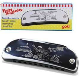 Mundharmonika "Peggy Diggledey" 10 cm, Verpackung und ausgepackte Mundharmonika