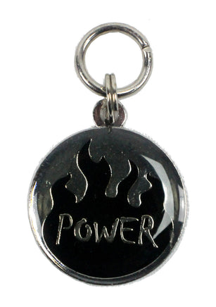 NICI Message Schlüsselanhänger mit Spruch, Variante: "POWER" Anhänger rund mit grau-silbernen Hintergrund, silberfarbige Schrift, schwarze Flamme
