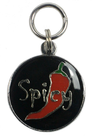 NICI Message Schlüsselanhänger mit Spruch, Variante: "Spicy" Anhänger rund mit schwarzen Hintergrund, silberfarbige Schrift, Chilischote