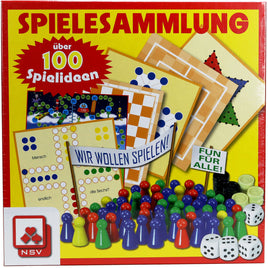 NSV Große 100er Spielesammlung, gelber Hintergrund mit roter Umrandung,Beispiele abgebildete Spiele: Mensch ärger dich nicht, Dame, Mühle , bunte Spielfiguren, weiße Würfel