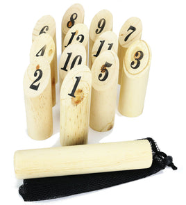 Nummern Kubb Wurfspiel, helles Holz, mit Netztragetasche, Stäbe mit schwarzen Zahlen nummeriert