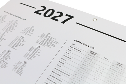 Office 4-Monatskalender 2027 mit internationalen Feiertagen und Ferienterminen im Kalenderkopf