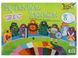 Papiertüten Bastelset zum selber Gestalten, mit verschiedenfarbigen Bastelbögen zum Basteln der Tüten sowie mit verschiedenfarbigen Motivbögen zum Gestalten der Tüten