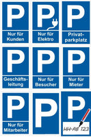 Parkplatz Schild  A4 Format, verschiedene Varianten zur Auswahl, Blauer Hintergrund, weiße Schrift