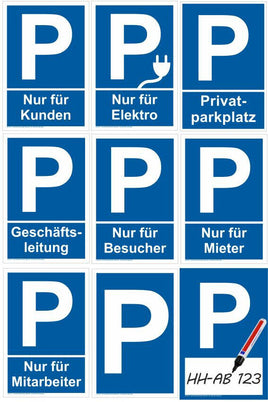 Parkplatz Schild  A4 Format, verschiedene Varianten zur Auswahl, Blauer Hintergrund, weiße Schrift