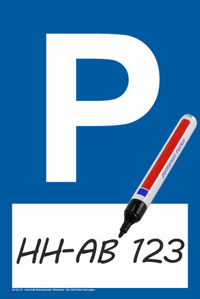 Parkplatz Schild  A4 Format, Variante: Blanko beschreibbar, blauer Hintergrund mit weißer Umrandung, weißes Feld zum selber Beschriften (Beispiel: mit Kennzeichen),großes P