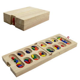 Philos Reisespiel "Kalaha" aus Holz klappbar, mit bunten "Bohnen" in gelb, blau, rot, orange,grün