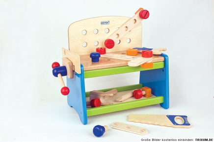 Pintoy Kinder Werkbank aus Holz mit Zubehör, helles Holz mit hellblauen-hellgrünen Farbakzenten