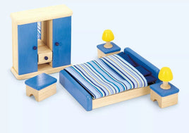 Pintoy Schlafzimmer Möbel für Puppenhaus, bestehend aus: Bett, Kleiderschrank, 2 Nachtschränken mit Lampe und einen Hocker, blau-natur