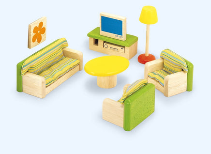 Pintoy Holz Puppenhausmöbel Wohnzimmer, helles Holz, bestehend aus: 1x Couch,2x Sessel, 1xTisch, 1x Lampe, 1x Schrank mit TV, 1x Wandbild