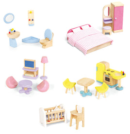 Pintoy Puppenhausmöbel komplette Einrichtung, bestehend aus: Badezimmer, Schlafzimmer, Wohnzimmer, Küche, Babybett und Babystuhl
