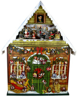 Premium Adventskalender- Haus mit Spieluhr, weihnachtlich gestaltet