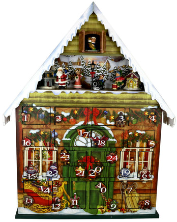 Premium Adventskalender- Haus mit Spieluhr, weihnachtlich gestaltet