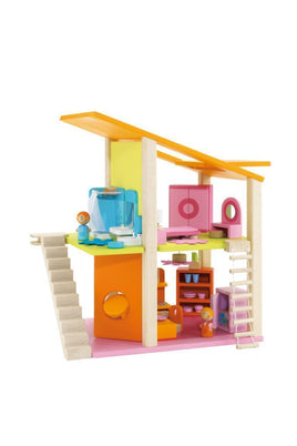 SEVI Design Puppenhaus mit Möbeln & Figuren, farbenfroh gestaltet, mit Wohnzimmer, Schlafzimmer