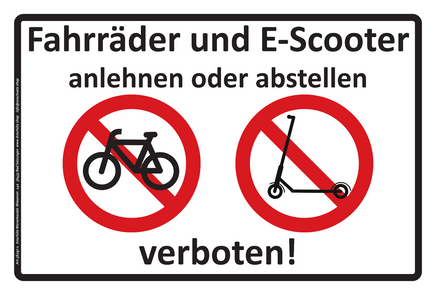 Schild "Fahrräder und E-Scooter anlehnen oder abstellen verboten", weiß 200x300mm