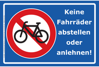 Schild "Keine Fahrräder abstellen oder anlehnen", blau 200x300mm